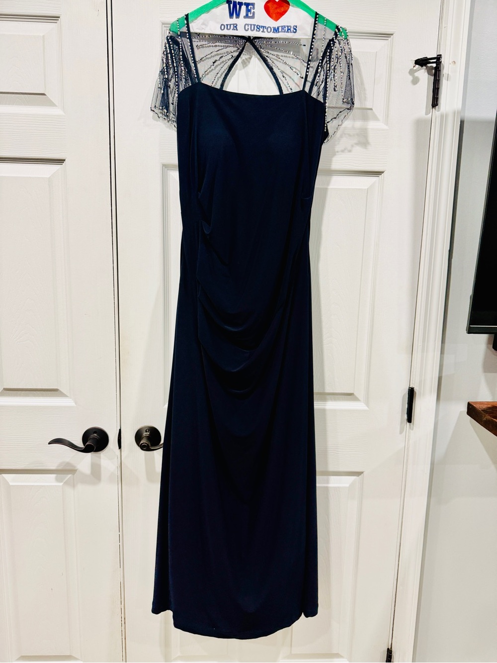 Betsy & Adam Black Beaded-Shoulder Draped Maxi Dress